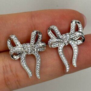 Sterling Silver and Cubic Zirconia Bow Earrings Pave Crystal Trendy Studs